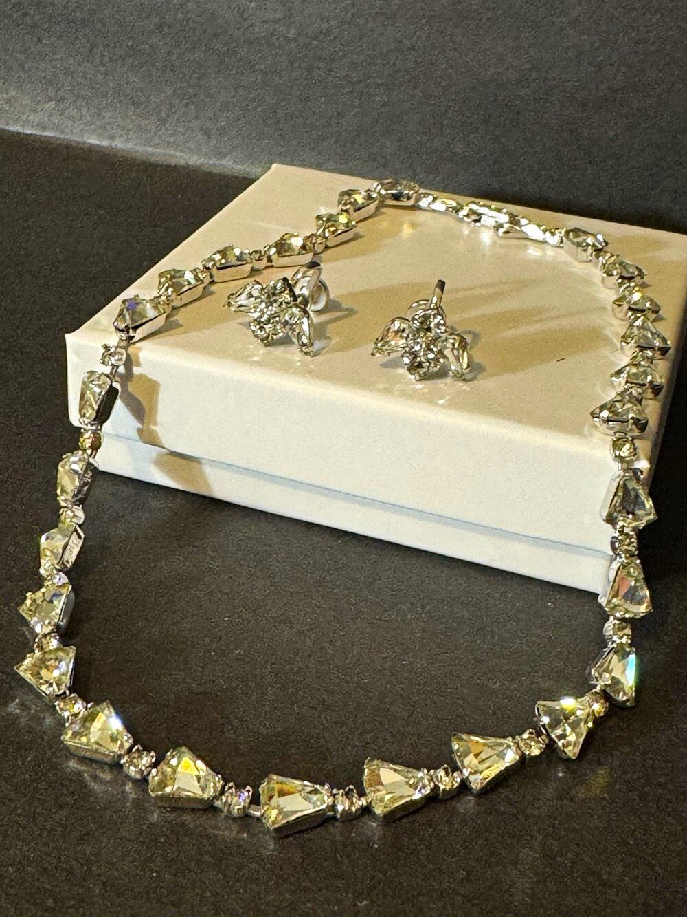 Silver Tone Clear Crystal Rhinestone Necklace & Clip-On Earrings Jewelry Set